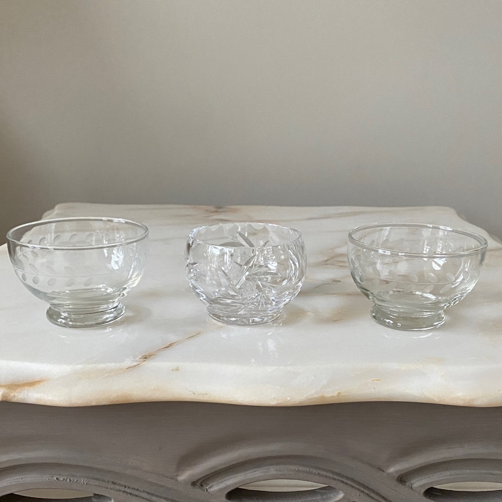 Crystal Sunburst Small Sugar Bowl and 2 Matching Laurel Etched Bowls